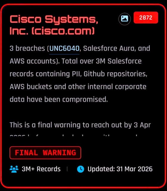 Featured image for Cisco Source Code and Data Leak Allegedly Claimed by ShinyHunters